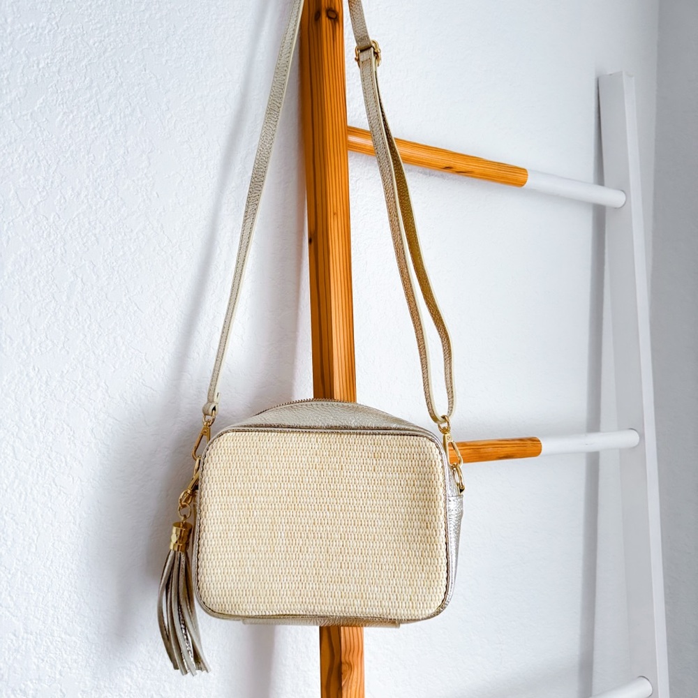 Gold & Natural Woven Crossbody Bag with Tassel - Picture 6 of 14